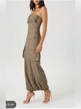 Cherry Mellow Utility Parachute Cargo Bandeau Cyber Grunge Strapless Maxi Dress